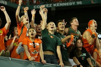 FORT LAUDERDALE, FL - OCTOBER 03: Fans for the Miami Hurricanes celebrate celebrate the game clinching first down against the Oklahoma Sooners at Land Shark Stadium on October 3, 2009 in Fort Lauderdale, Florida. Miami defeated Oklahoma 21-20. (Photo by D