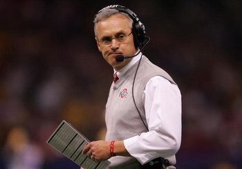 NEW ORLEANS - JANUARY 07:  Jim Tressel, head coach of the Ohio State Buckeyes walks the sidelines during the AllState BCS National Championship against the Louisiana State University Tigers on January 7, 2008 at the Louisiana Superdome in New Orleans, Lou