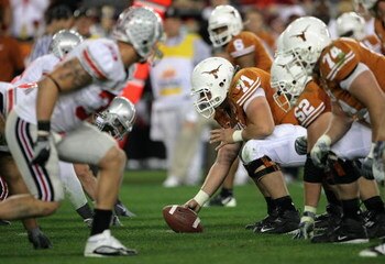 GLENDALE, AZ - JANUARY 05:  Center Chris Hall #71 of the Texas Longhorns hikes the ball during the Tostitos Fiesta Bowl Game against the Ohio State Buckeyes on January 5, 2009 at University of Phoenix Stadium in Glendale, Arizona.  (Photo by Doug Pensinge