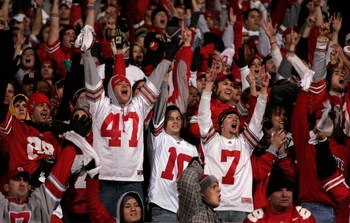 COLUMBUS, OH - NOVEMBER 18:  Fans of the Ohio State Buckeyes celebrate against the Michigan Wolverines November 18, 2006 at Ohio Stadium in Columbus, Ohio. Ohio State won 42-39. (Photo by Gregory Shamus/Getty Images)