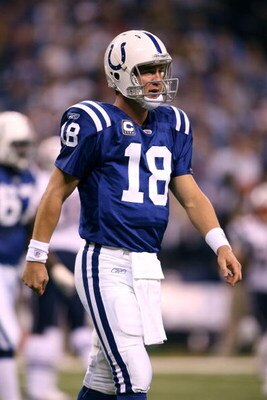 INDIANAPOLIS - NOVEMBER 02:  Peyton Manning #18 of the Indianapolis Colts walks on the field against the New England Patriots at Lucas Oil Stadium on November 2, 2008 in Indianapolis, Indiana.  (Photo by Andy Lyons/Getty Images)