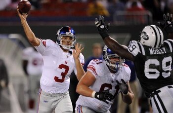 EAST RUTHERFORD, NJ - AUGUST 23:  Andre Woodson #3 of the New York Giants passes the ball during a preseason NFL game against the New York Jets at Giants Stadium in the Meadowlands on August 23, 2008 in East Rutherford, New Jersey.  (Photo by Jeff Zelevan