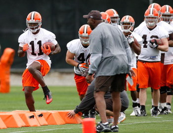 BEREA, OH - MAY 02: Mohamed Massaquoi #11 of the Cleveland Browns runs a drill during rookie mini camp at the Cleveland Browns Training and Administrative Complex on May 2, 2009 in Berea, Ohio. (Photo by Gregory Shamus/Getty Images)