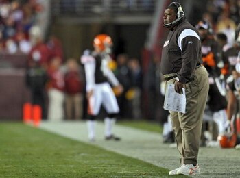 LANDOVER, MD - OCTOBER 19: Head coach Romeo Crennel of the Cleveland Browns watches the game from the sideline during the game against the Washington Redskins on October 19, 2008 at FedEx Field in Landover, Maryland. (Photo by Drew Hallowell/Getty Images)