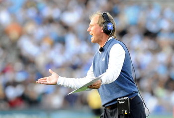 PASADENA, CA - NOVEMBER 08: Head coach Rick Neuheisel of the UCLA Bruins reacts during the game against the Oregon State Beavers at the Pasadena Rose Bowl on November 8, 2008 in Pasadena, California. (Photo by Lisa Blumenfeld/Getty Images)