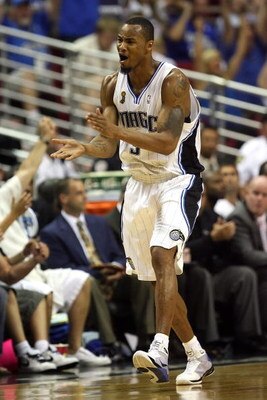ORLANDO, FL - JUNE 11:  Rashard Lewis #9 of the Orlando Magic reacts in the second quarter of Game Four of the 2009 NBA Finals against the Los Angeles Lakers on June 11, 2009 at Amway Arena in Orlando, Florida.  NOTE TO USER:  User expressly acknowledges 