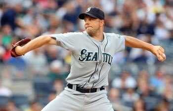 NEW YORK - JULY 01:  Jarrod Washburn #56 of the Seattle Mariners pitches against the New York Yankees on July 1, 2009 at Yankee Stadium in the Bronx borough of New York City.  (Photo by Jim McIsaac/Getty Images)