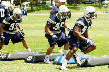 SAN DIEGO - MAY 03: Linebackers James Holt #53, Anthony Fielder #58 and Larry English #52 of the San Diego Chargers participate in a practice drill during minicamp at the Chargers training facility on May 3, 2009 in San Diego, California. (Photo by Kevin