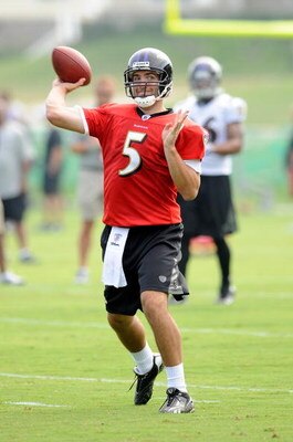 WESTMINSTER, MD - JULY 28:  Joe Flacco #5 of the Baltimore Ravens throws a pass during training camp at McDaniel College on July 28, 2009 in Westminster, Maryland.  (Photo by Greg Fiume/Getty Images)