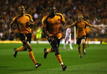 WOLVERHAMPTON, UNITED KINGDOM - SEPTEMBER 16:  Sylvan Ebanks-Blake (C) of Wolverhampton celebrates scoring the first goal during the Coca-Cola Championship match between Wolverhampton Wanderers and Crystal Palace at Molineux on September 16, 2008 in Wolve
