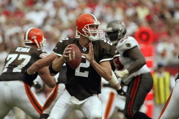 TAMPA, FL - OCTOBER 13:  Quarterback Tim Couch #2 of the Cleveland Browns looks to pass during the NFL game against the Tampa Bay Buccaneers on October 13, 2002 at Raymond James Stadium in Tampa, Florida.  The Buccaneers won 17-3. (Photo by Andy Lyons/Get