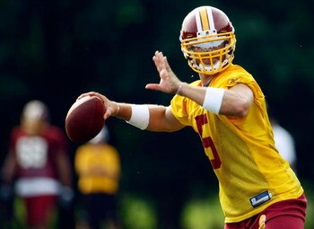 ASHBURN, VA - JULY 30:  Washington Redskins quarterback Colt Brennan (#5) drops back to pass during drills on opening day of training camp July 30, 2009 in Ashburn, Virginia.  (Photo by Win McNamee/Getty Images)