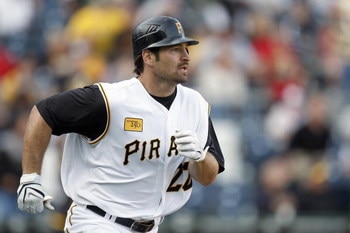 PITTSBURGH - APRIL 07: Xavier Nady #22 of the Pittsburgh Pirates runs to base against the Chicago Cubs during the Home Opener for the Pittsburgh Pirates on April 7, 2008 at PNC Park in Pittsburgh, Pennsylvania. Chicago won the game 10-8. (Photo by Gregory