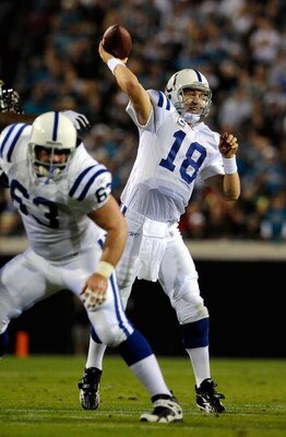 JACKSONVILLE, FL - DECEMBER 18:  Peyton Manning #18 of the Indianapolis Colts attempts a pass during the game against the Jacksonville Jaguars at Jacksonville Municipal Stadium on December 18, 2008 in Jacksonville, Florida.  (Photo by Sam Greenwood/Getty 