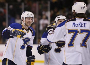 BOSTON - JANUARY 19:  Brad Boyes #22 of the St. Louis Blues is congratulated by teammate Jay McKee #77 after Boyes scored the game winning goal in a shootout against the Boston Bruins on January 19, 2009 at the TD Banknorth Garden in Boston, Massachusetts