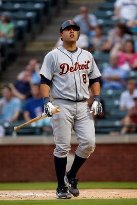 ARLINGTON, TX - JULY 27:  Catcher Gerald Laird #8 of the Detroit Tigers on July 27, 2009 at Rangers Ballpark in Arlington, Texas.  (Photo by Ronald Martinez/Getty Images)
