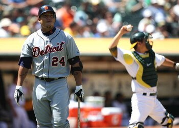 OAKLAND, CA - JULY 01:  Miguel Cabrera #24 of the Detroit Tigers reacts after striking out against the Oakland Athletics in the eighth inning during a Major League Baseball game on July 1, 2009 at the Oakland Coliseum in Oakland, California.  (Photo by Je