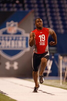 INDIANAPOLIS, IN - FEBRUARY 22:  Running back Marlon Lucky of Nebraska runs the 40 yard dash during the NFL Scouting Combine presented by Under Armour at Lucas Oil Stadium on February 22, 2009 in Indianapolis, Indiana. (Photo by Scott Boehm/Getty Images)