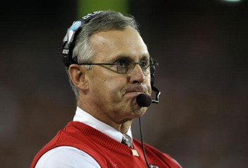 GLENDALE, AZ - JANUARY 05:  Head coach Jim Tressel of the Ohio State Buckeyes reacts during the Tostitos Fiesta Bowl Game against the Texas Longhorns on January 5, 2009 at University of Phoenix Stadium in Glendale, Arizona.   The Longhorns defeated the Bu