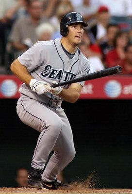 ANAHEIM, CA - AUGUST 12: Jeff Clement #9 of the Seattle Mariners bats during the game against the Los Angeles Angels of Anaheim during the game at Angel Stadium on August 12, 2008 in Anaheim, California.    The Angels defeated the Mariners 7-3.  (Photo by