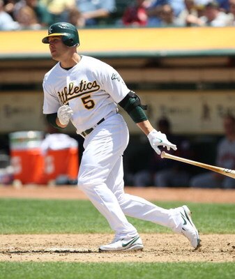 OAKLAND, CA - JUNE 11:  Matt Holliday #5 of the Oakland Athletics bats against the Minnesota Twins during a Major League Baseball game on June 11, 2009 at the Oakland Coliseum in Oakland, California.  (Photo by Jed Jacobsohn/Getty Images)