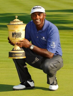 AKRON, OH - AUGUST 03:  Vijay Singh of Fiji holds the Gary Player trophy after winning the WGC-Bridgestone Invitational at Firestone Country Club South Course on August 3, 2008 in Akron, Ohio.  (Photo by Sam Greenwood/Getty Images)