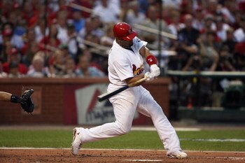 ST. LOUIS, MO - JULY 14:  National League All-Star Albert Pujols of the St. Louis Cardinals bats during the 2009 MLB All-Star Game at Busch Stadium on July 14, 2009 in St Louis, Missouri. (Photo by Dilip Vishwanat/Getty Images)