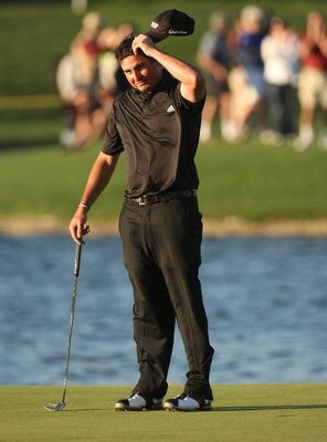 LA QUINTA, CA - JANUARY 25:  Pat Perez reacts after sinking the final putt for a three stroke victory on the Palmer Private course at PGA West during the final round of the Bob Hope Chrysler Classic on January 25, 2009 in La Quinta, California.  (Photo by