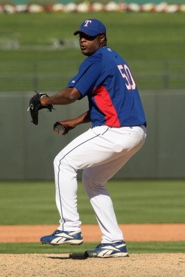 SURPRISE, AZ - MARCH 5:  Frank Francisco #50 of the Texas Rangers pitches against the Milwaukee Brewers on March 5, 2008 at Surprise Stadium in Surprise, Arizona. The Brewers won 12-6. (Photo by Stephen Dunn/Getty Images)