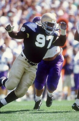 11 SEP 1993:  NOTRE DAME DEFENSIVE TACKLE BRYANT YOUNG LOOKS FOR A SACK AGAINST NORTHWESTERN. Mandatory Credit: Jonathan Daniel/ALLSPORT