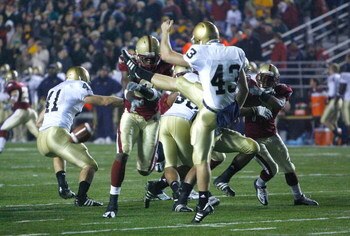 CHESTNUT HILL, MA - NOVEMBER 8:  Eric Maust #43 of the Notre Dame Fighting Irish has his punt blocked during a game against the Boston College Eagles on November 8, 2008 at Alumni Stadium in Chestnut Hill, Massachusetts.(Photo by Jim Rogash/Getty Images)