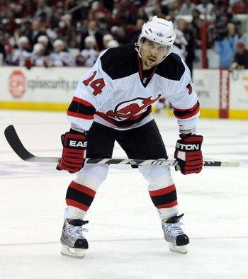 RALEIGH, NC - APRIL 26: Brian Gionta #14 of the the New Jersey Devils skates as he waits for a face-off in the first period of Game Six of the Eastern Conference Quarterfinals of the 2009 Stanley Cup Playoffs against the Carolina Hurricanes on April 26, 2
