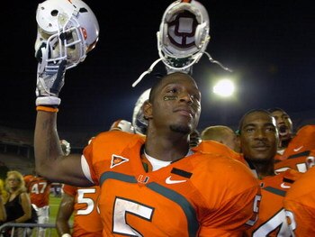 MIAMI, FL - SEPTEMBER 20: Running back Javarris James #5 of  the University of Miami Hurricanes celebrates after play against the Texas A&M Aggies at the Orange Bowl on September 20, 2007 in Miami, Florida.  Miami won 31-17.  (Photo by Al Messerschmidt/Ge