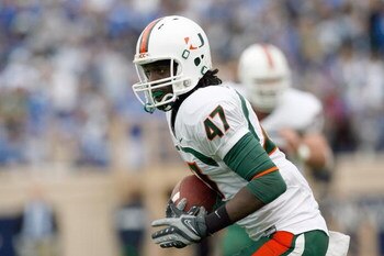 DURHAM, NC - OCTOBER 18:  Laron Byrd #47 of the Miami Hurricanes carries the ball during the game against the Duke Blue Devils at Wallace Wade Stadium on October 18, 2008 in Durham, North Carolina.  (Photo by Kevin C. Cox/Getty Images)