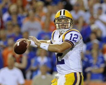 GAINESVILLE, FL - OCTOBER 11: Quarterback Jarrett Lee #12 of the LSU Tigers sets to pass against the University of Florida Gators at Ben Hill Griffin Stadium on October 11, 2008 in Gainesville, Florida.  (Photo by Al Messerschmidt/Getty Images)