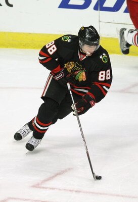 CHICAGO - APRIL 08:  Patrick Kane #88 of the Chicago Blackhawks skates with the puck against the Columbus Blue Jackets during their game on April 8, 2009 at the United Center in Chicago, Illinois. The Blue Jackets defeated the Blackhawks 4-3 in a shoot ou