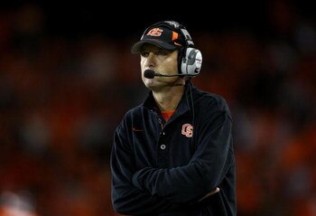 CORVALIS, OR - SEPTEMBER 25:  Head coach Mike Riley watches the game against the Southern California Trojans at Reser Stadium on September 25, 2008 in Corvalis, Oregon.  (Photo by Jonathan Ferrey/Getty Images)