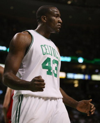 BOSTON - MAY 02: Kendrick Perkins #43 of the Boston Celtics celebrates after he drew the foul in the first half against the Chicago Bulls in Game Seven of the Eastern Conference Quarterfinals during the 2009 NBA Playoffs at TD Banknorth Garden on May 2,