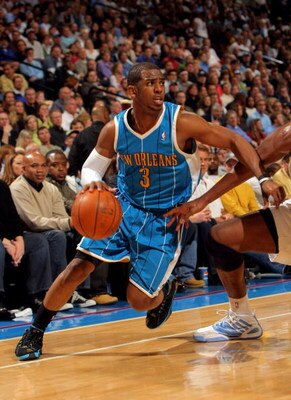 DENVER - APRIL 19:  Chris Paul #3 of the New Orleans Hornets drives against the Denver Nuggets in Game One of the Western Conference Quarterfinals during the 2009 NBA Playoffs at Pepsi Center on April 19, 2009 in Denver, Colorado. NOTE TO USER: User expre