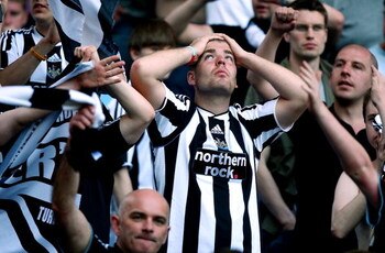 BIRMINGHAM, ENGLAND - MAY 24:  Newcastle United fan reacts after Newcastle United are relegated after their 0-1 defeat to Aston Villa during the Barclays Premier League match between Aston Villa and Newcastle United at Villa Park on May 24, 2009 in Birmin