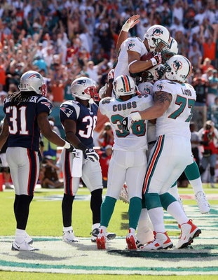 MIAMI - NOVEMBER 23:  Wide receiver Greg Camarillo #83 of the Miami Dolphins celebrates with teammates after his touchdown catch in the first quarter against the New England Patriots at Dolphin Stadium on November 23, 2008 in Miami, Florida. The Patriots 