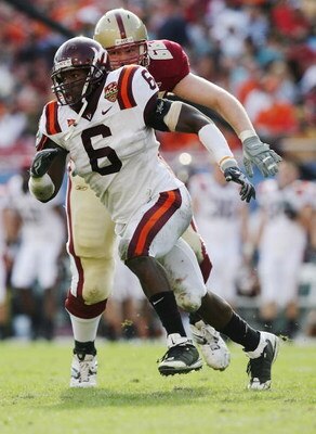 TAMPA, FL - DECEMBER 06:  Defensive end Jason Worilds #6 of the Virginia Tech Hokies gets past offensive tackle Rich Lapham #66 of the Boston College Eagles in the 2008 ACC Football Championship game at the Raymond James Stadium on December 6, 2008 in Tam