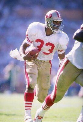 16 Oct 1988: Running back Roger Craig of the San Francisco 49ers runs down the field during a game against the Los Angeles Rams at Anaheim Stadium in Anaheim, California. The 49ers won the game 24-21.