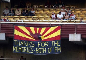 TEMPE, AZ - DECEMBER 24:  A banner hangs to commemorate the lack of success the Arizona Cardinals had in their 18 years at Sun Devil Stadium during their game against the Philadelphia Eagles on December 24, 2005 in Tempe, Arizona. The Cardinals won the ga