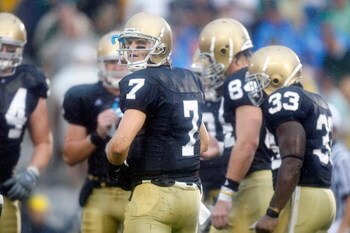 SOUTH BEND,IN - SEPTEMBER 13:  Quarterback Jimmy Clausen #7 of the Notre Dame Fighting Irish leads the huddle during the game against the Michigan Wolverines on September 13, 2008 at Notre Dame Stadium in South Bend, Indiana. (Photo by: Gregory Shamus/Get