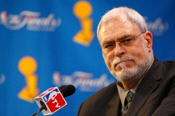 BOSTON - JUNE 05:  Head coach Phil Jackson of the Los Angeles Lakers answers questions during the post-game news conference after losing to the Boston Celtics 98-88 in Game One of the 2008 NBA Finals on June 5, 2008 at TD Banknorth Garden in Boston, Massa