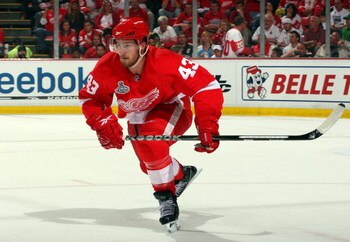 DETROIT - JUNE 12:  Darren Helm #43 of the Detroit Red Wings skates against the Pittsburgh Penguins during Game Seven of the 2009 NHL Stanley Cup Finals at Joe Louis Arena on June 12, 2009 in Detroit, Michigan.  (Photo by Jim McIsaac/Getty Images)