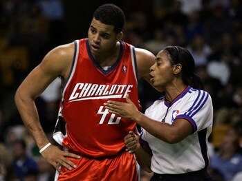 BOSTON - NOVEMBER 08:  Sean May #42 of the Charlotte Bobcats talks with referee Violet Palmer #12 in the second half against the Boston Celtics on November 8, 2006 at the TD Banknorth Garden in Boston, Massachusetts. The Celtics defeated the Bobcats 110-1