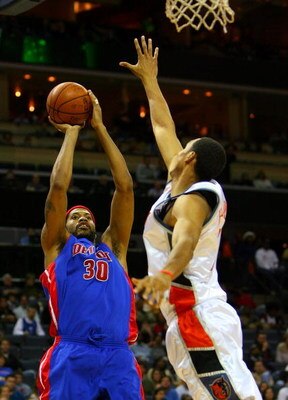 CHARLOTTE, NC - DECEMBER 13:  Ryan Hollins #15 of the Charlotte Bobcats tries to block Rasheed Wallace #30 of the Detroit Pistons during their game at Time Warner Cable Arena on December 13, 2008 in Charlotte, North Carolina.  NOTE TO USER: User expressly