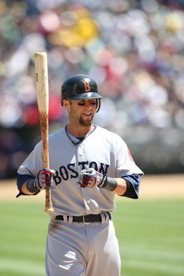 OAKLAND, CA - APRIL 15:  Dustin Pedroia #15 of the Boston Red Sox bats against the Oakland Athletics during a Major League Baseball game on April 15, 2009 at the Oakland Coliseum in Oakland, California.  (Photo by Jed Jacobsohn/Getty Images)